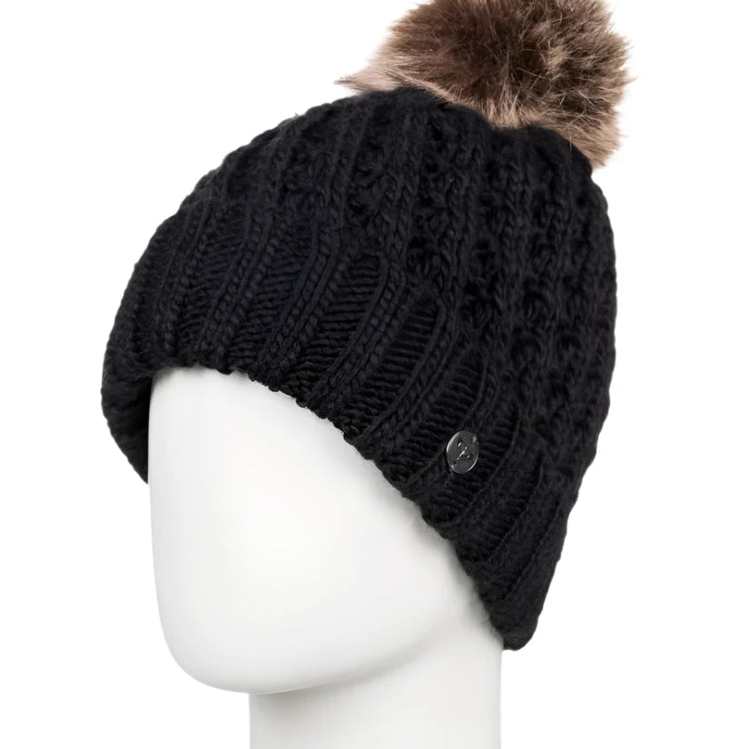 Roxy Junior's Blizzard Beanie 2025 - A black beanie with a brown faux fur pom-pom on top.