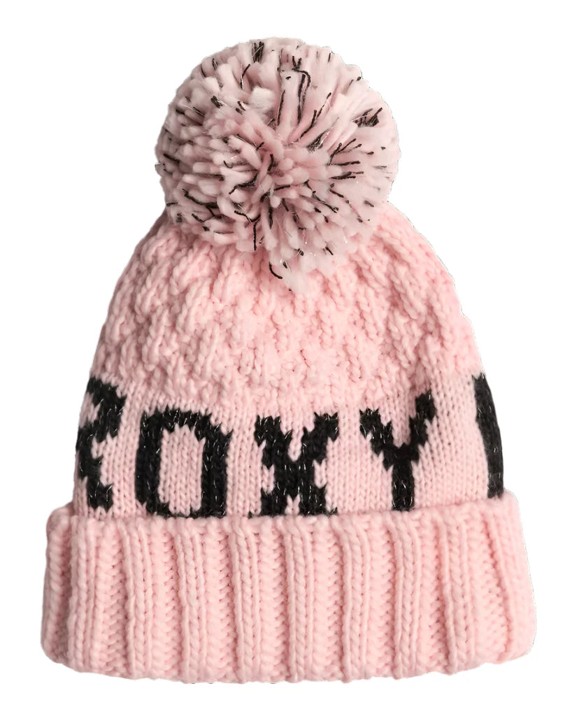 Roxy Junior's Tonic Beanie 2025 - A light pink beanie with a black pom-pom on top and "ROXY" written in black letters across the front.