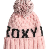 Roxy Junior's Tonic Beanie 2025 - A light pink beanie with a black pom-pom on top and "ROXY" written in black letters across the front.