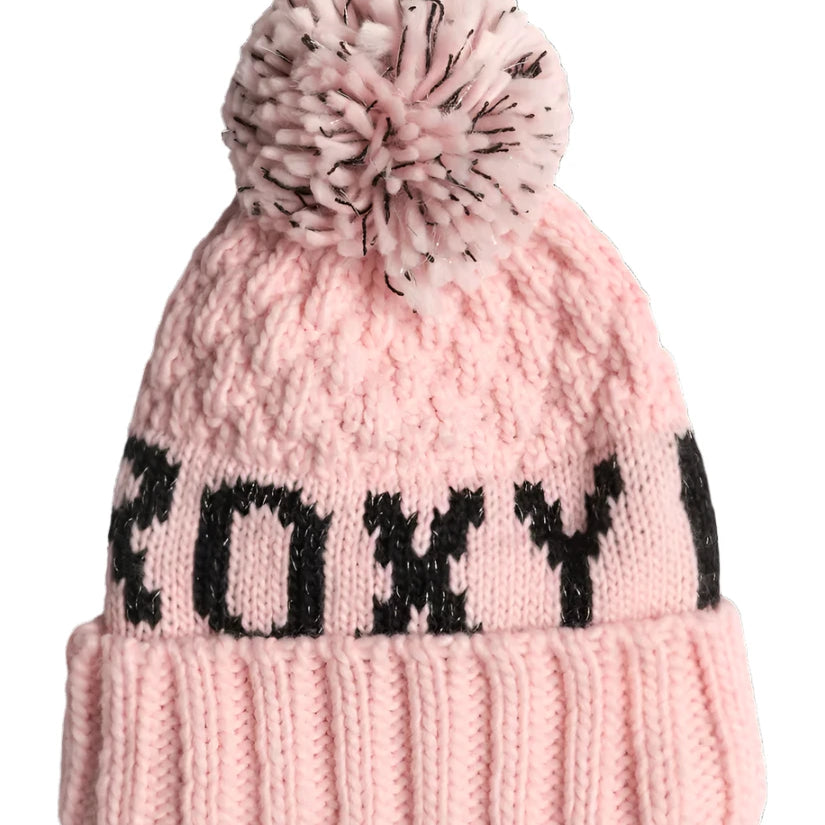 Roxy Junior's Tonic Beanie 2025 - A light pink beanie with a black pom-pom on top and "ROXY" written in black letters across the front.