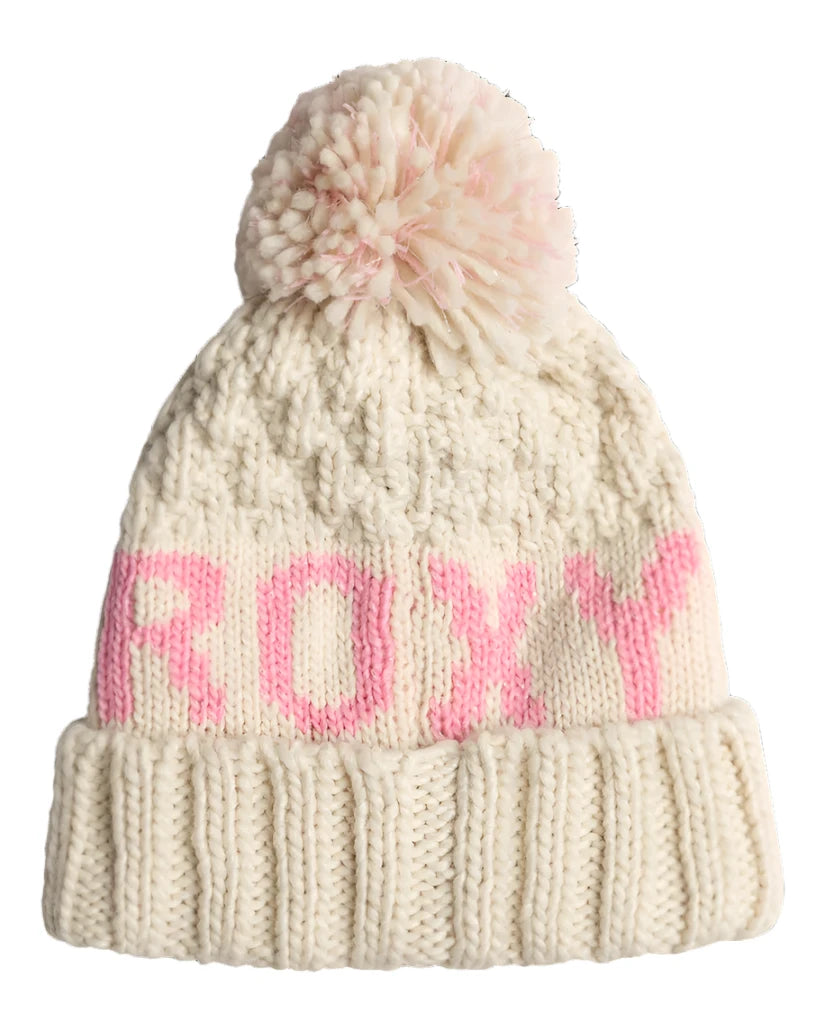 Roxy Junior's Tonic Beanie 2025 - A cream-colored beanie with a pink "ROXY" logo on the front.