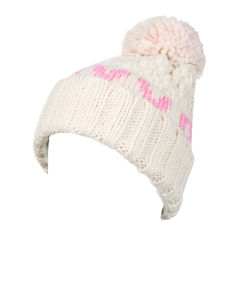 Roxy Junior's Tonic Beanie 2025 - A cream-colored beanie with a pink stripe and pom-pom on top.