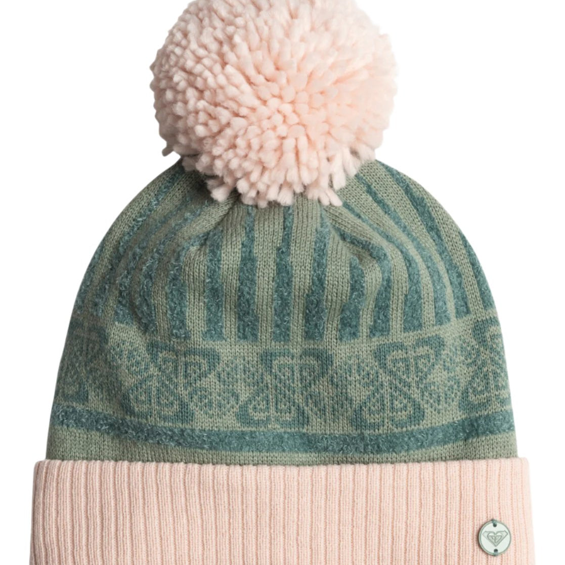 Roxy Girl's Frozey Beanie 2025 - A light blue beanie with a white pom-pom on top and a repeating pattern of snowflakes and trees around the crown.