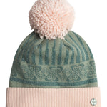 Roxy Girl's Frozey Beanie 2025 - A light blue beanie with a white pom-pom on top and a repeating pattern of snowflakes and trees around the crown.