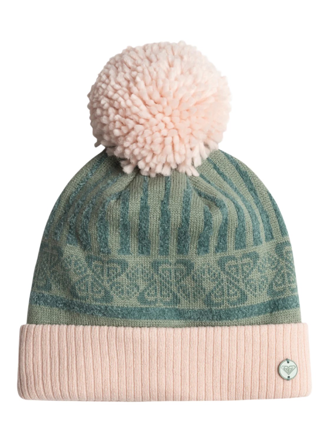 Roxy Girl's Frozey Beanie 2025 - A light blue beanie with a white pom-pom on top and a repeating pattern of snowflakes and trees around the crown.