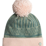 Roxy Girl's Frozey Beanie 2025 - A light blue beanie with a white pom-pom on top and a repeating pattern of snowflakes and trees around the crown.