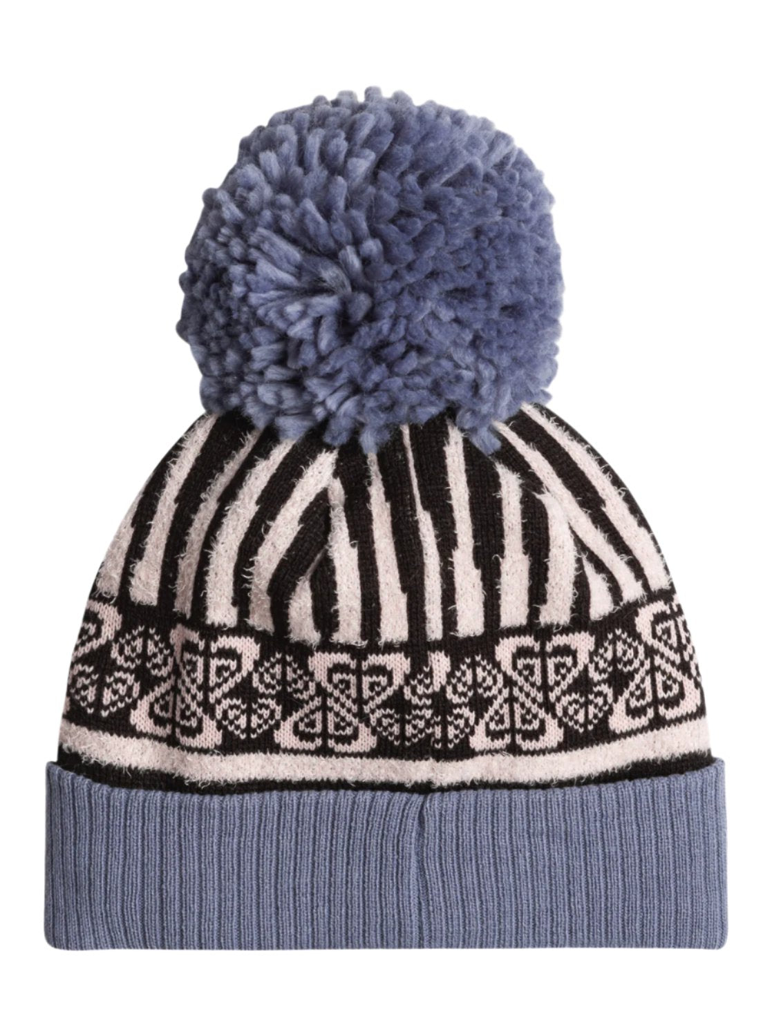 Roxy Girl's Frozey Beanie 2025 - A gray beanie with a white and black geometric pattern on top, featuring a large gray pom-pom at the tip.
