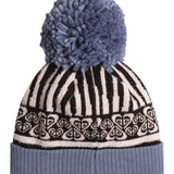 Roxy Girl's Frozey Beanie 2025 - A gray beanie with a white and black geometric pattern on top, featuring a large gray pom-pom at the tip.