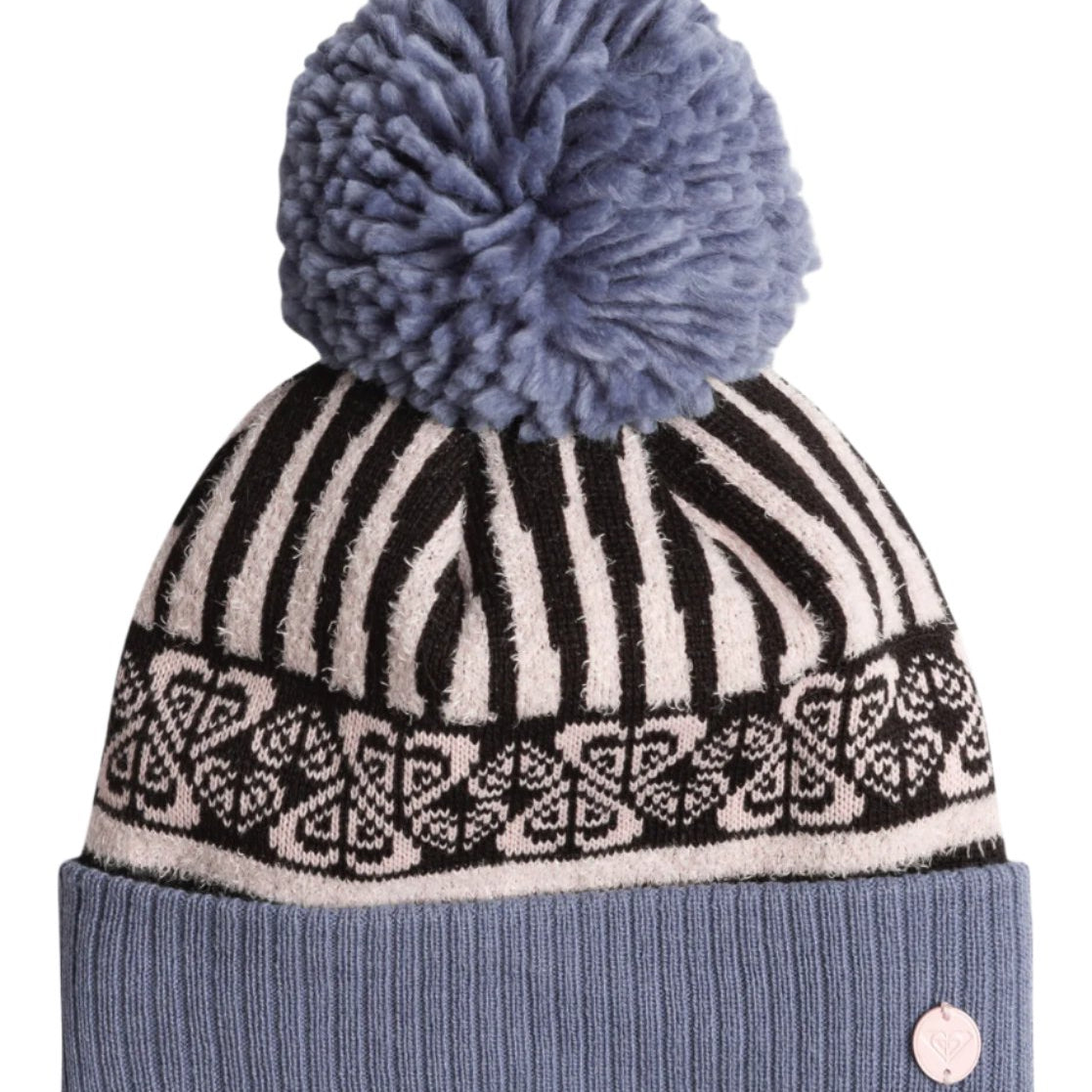 Roxy Girl's Frozey Beanie 2025 - A gray beanie with a white and black striped pattern on top, featuring a large gray pom-pom at the top.