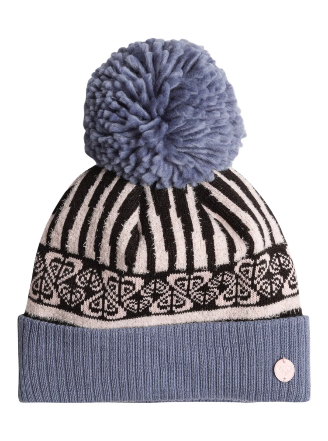 Roxy Girl's Frozey Beanie 2025 - A gray beanie with a white and black striped pattern on top, featuring a large gray pom-pom at the top.