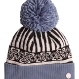 Roxy Girl's Frozey Beanie 2025 - A gray beanie with a white and black striped pattern on top, featuring a large gray pom-pom at the top.