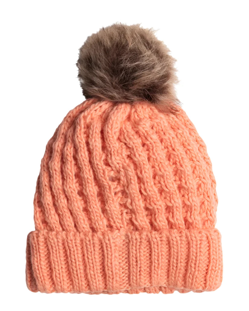 Roxy Junior's Blizzard Beanie 2025 - A salmon-colored beanie with a brown faux fur pom-pom on top.