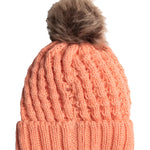 Roxy Junior's Blizzard Beanie 2025 - A salmon-colored beanie with a brown faux fur pom-pom on top.
