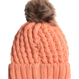 Roxy Junior's Blizzard Beanie 2025 - A salmon-colored beanie with a brown faux fur pom-pom on top.