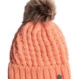 Roxy Junior's Blizzard Beanie 2025 - A salmon-colored beanie with a brown faux fur pom-pom on top.
