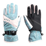 Roxy Junior's Jetty Glove 2025 - A pair of gloves with a light blue and white patterned fabric, featuring a black strap on the wrist.
