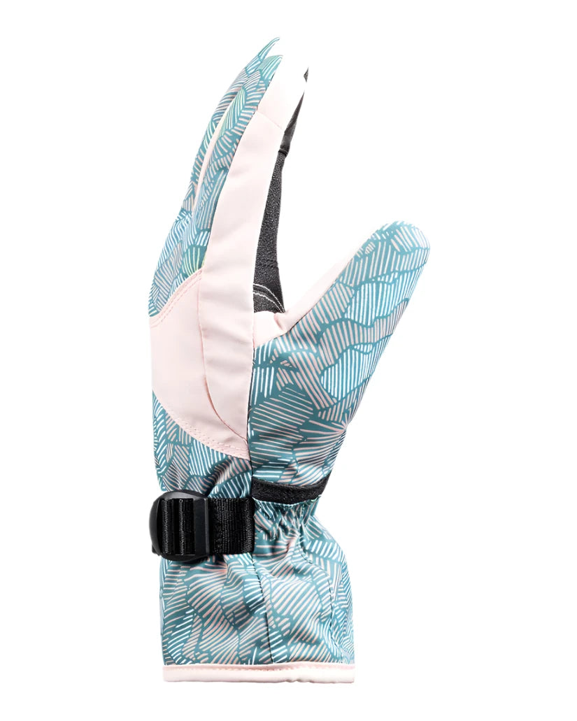 Roxy Junior's Jetty Glove 2025 - A light blue glove with a palm tree pattern and white accents, featuring a black strap around the wrist.