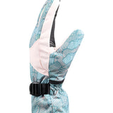 Roxy Junior's Jetty Glove 2025 - A light blue glove with a palm tree pattern and white accents, featuring a black strap around the wrist.