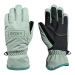 Roxy Junior's Freshfield Glove 2025 - A pair of light gray gloves with a darker gray palm and thumb, featuring a small logo on the wrist strap that says "ROXY" in white letters.