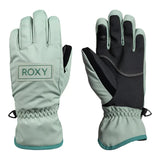 Roxy Junior's Freshfield Glove 2025 - A pair of light gray gloves with a darker gray palm and thumb, featuring a small logo on the wrist strap that says "ROXY" in white letters.