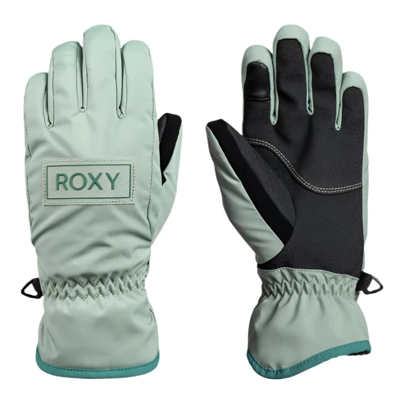 Roxy Junior's Freshfield Glove 2025 - A pair of light gray gloves with a darker gray palm and thumb, featuring a small logo on the wrist strap that says "ROXY" in white letters.