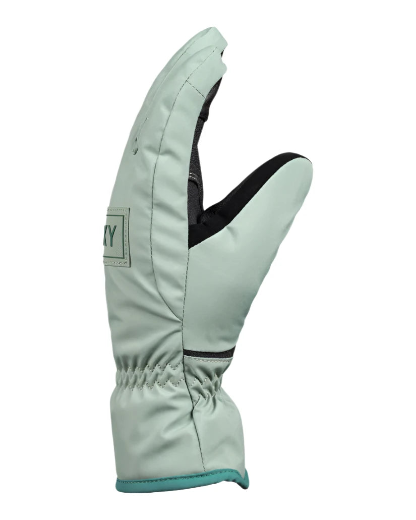 Roxy Junior's Freshfield Glove 2025 - A mint green glove with a black strap and white stitching on the wrist cuff.