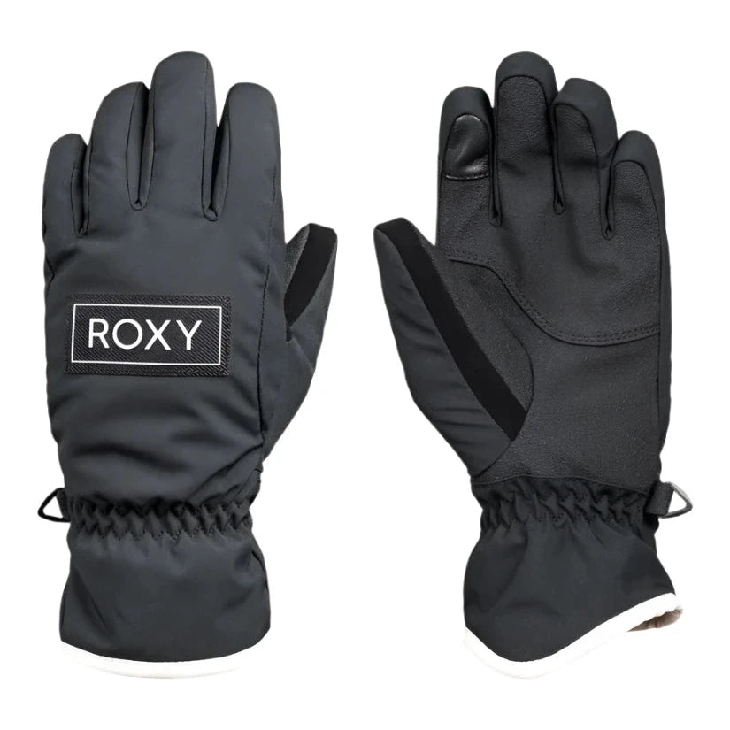 Roxy Junior's Freshfield Glove 2025 - A black glove with a white logo on the wrist and a textured palm.