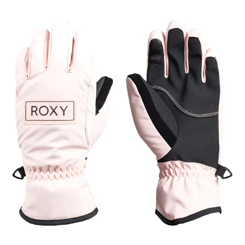 Roxy Junior's Freshfield Glove 2025 - A pair of gloves with a light pink palm and cuffs, featuring a darker pink accent on the wrist strap.