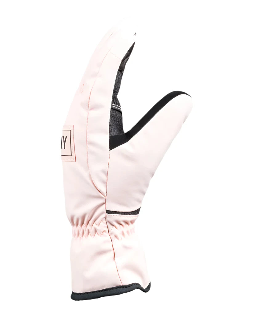 Roxy Junior's Freshfield Glove 2025 - A light pink glove with a black strap and white stitching on the wrist cuff.