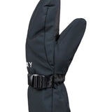 Roxy Girl's Jetty Solid Mitt 2025 - A pair of black mittens with a solid pattern, featuring a strap and buckle on the wrist.