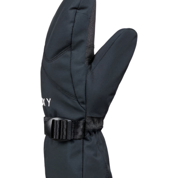 Roxy Girl's Jetty Solid Mitt 2025 - A pair of black mittens with a solid pattern, featuring a strap and buckle on the wrist.
