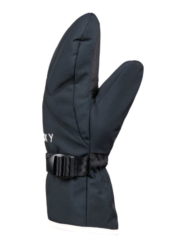 Roxy Girl's Jetty Solid Mitt 2025 - A pair of black mittens with a solid pattern, featuring a strap and buckle on the wrist.