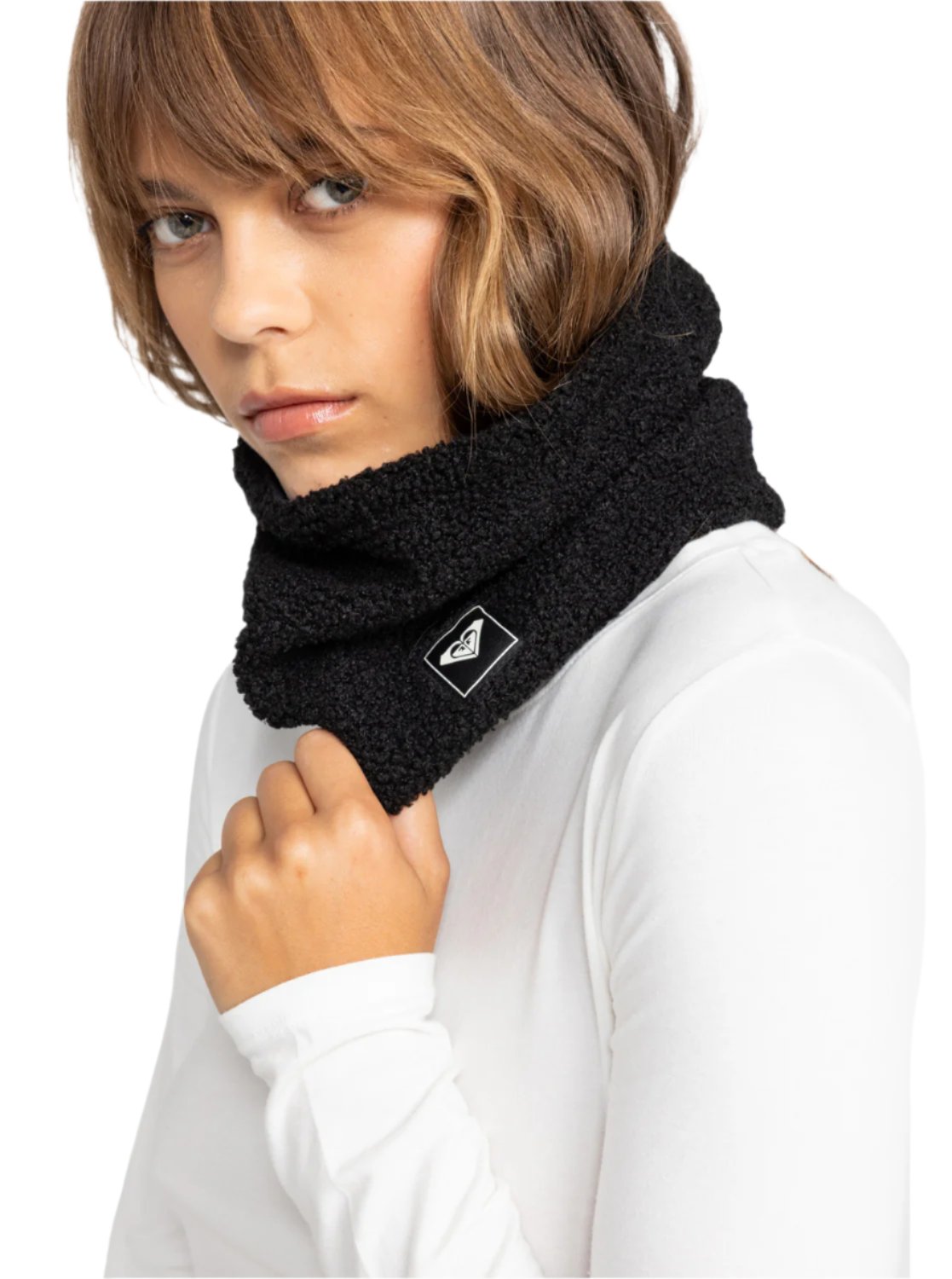 Roxy Women's Valwood Collar - A black fleece collar with a white logo featuring a stylized "R" and a leaf design.
