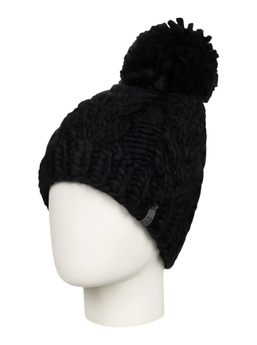 Roxy Women's Winter Beanie 2025 - A black beanie with a large pom-pom on top.