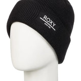 Roxy Women's Folker Beanie 2025 - A black beanie with a white logo on the front.