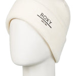 Roxy Women's Folker Beanie 2025 - A cream-colored beanie with a ribbed cuff and a logo on the front that reads "ROXY" in black letters.