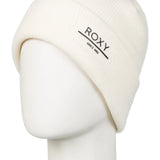 Roxy Women's Folker Beanie 2025 - A cream-colored beanie with a ribbed cuff and a logo on the front that reads "ROXY" in black letters.