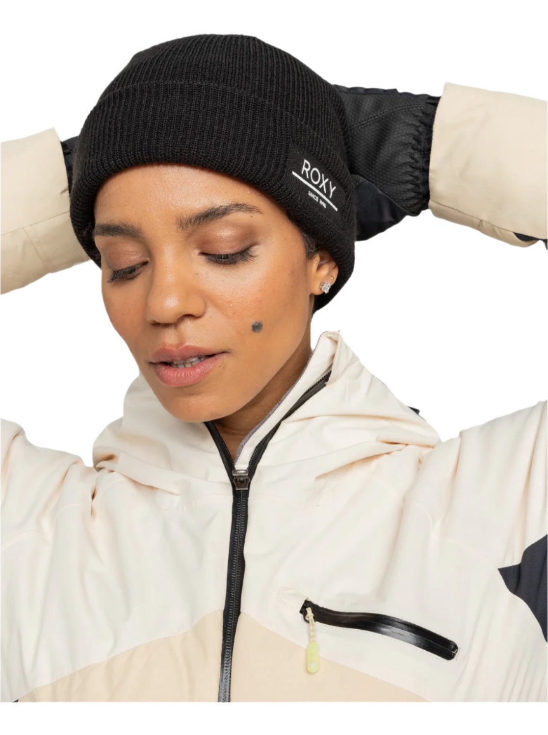 Roxy Women's Folker Beanie 2025 - Black beanie with white embroidered logo on front.