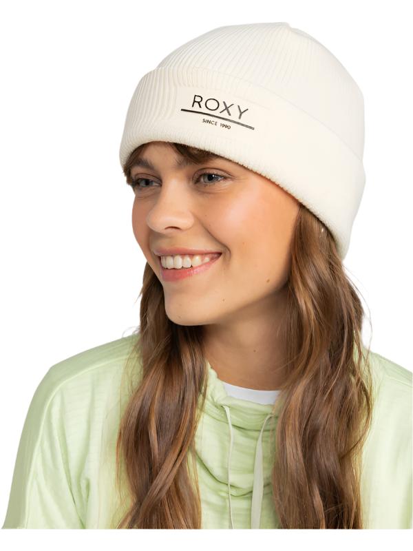 Roxy Women's Folker Beanie - A cream-colored beanie with a ribbed texture and "ROXY" logo on the front.