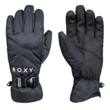Roxy Women's Jetty Solid Glove - A pair of black gloves with a solid pattern, featuring a strap and buckle on the wrist.