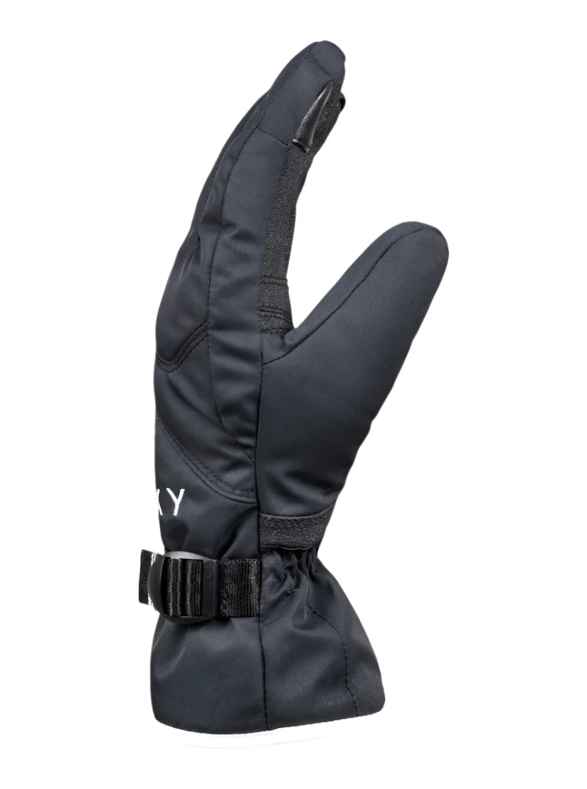 Roxy Women's Jetty Solid Glove 2025 - A black glove with a solid pattern, featuring a strap on the wrist and a textured palm.