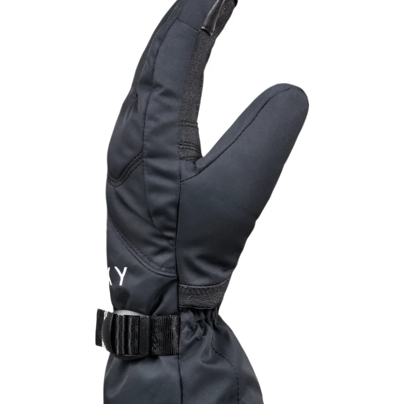 Roxy Women's Jetty Solid Glove 2025 - A black glove with a solid pattern, featuring a strap on the wrist and a textured palm.
