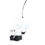 Roxy Women's Jetty Solid Glove 2025 - A white glove with a black strap and buckle on the wrist, featuring the word "ROXY" in black letters across the top of the hand.