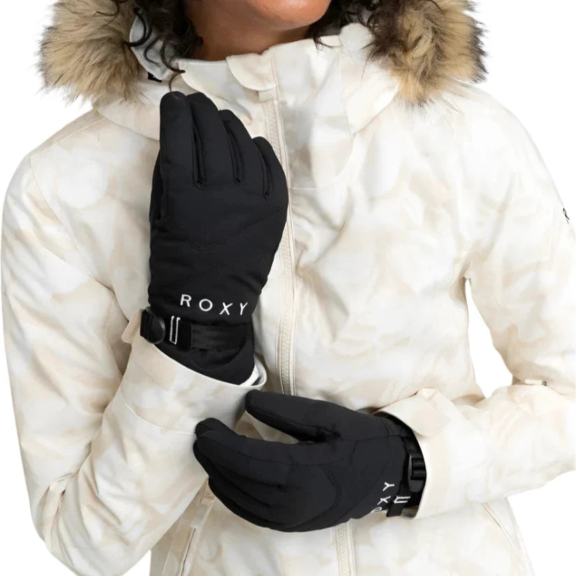 Roxy Women's Jetty Solid Glove 2025 - A black glove with a solid pattern and a strap on the wrist.