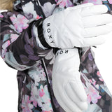 Roxy Women's Jetty Solid Glove 2025 - A pair of white gloves with black trim and a solid pattern, featuring the word "ROXY" in black letters on one glove.