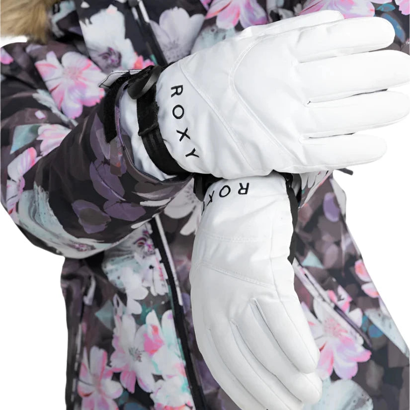 Roxy Women's Jetty Solid Glove 2025 - A pair of white gloves with black trim and a solid pattern, featuring the word "ROXY" in black letters on one glove.