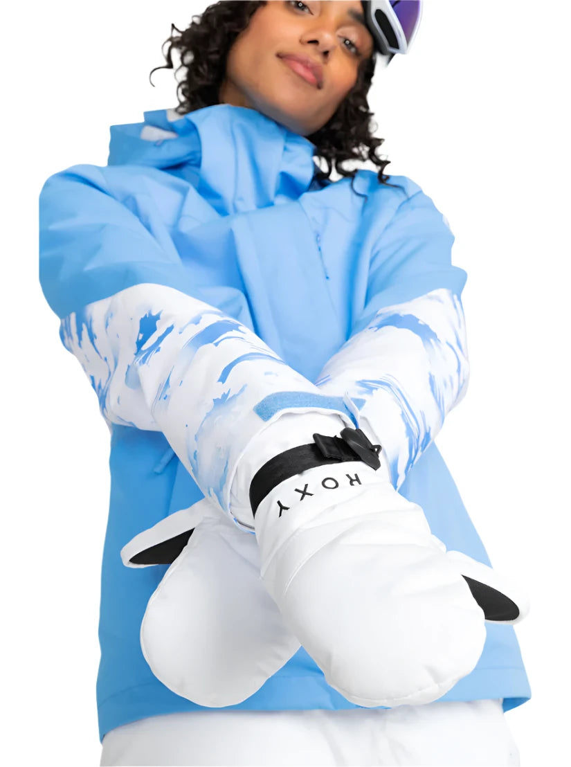 Roxy Women's Jetty Solid Mitt - A pair of white mittens with a black strap and buckle on the wrist, featuring a solid pattern.