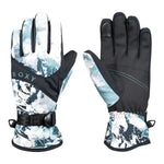 Roxy Women's Jetty Glove 2025 - A pair of gloves with a light blue and white abstract floral pattern on the palm side, black trim, and a black strap that goes around the wrist.