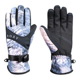 Roxy Women's Jetty Glove 2025 - A pair of gloves with a light blue and white tie-dye pattern on the palm side, featuring black trim and a black strap across the wrist.
