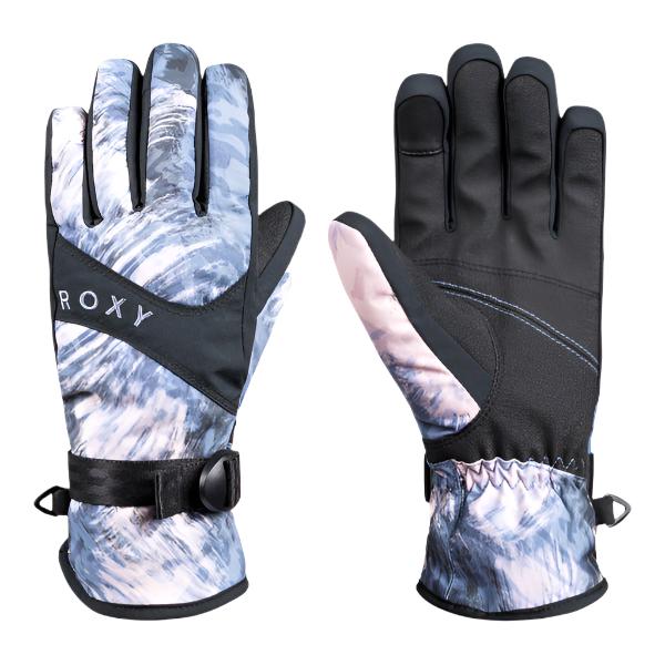 Roxy Women's Jetty Glove 2025 - A pair of gloves with a light blue and white tie-dye pattern on the palm side, featuring black trim and a black strap across the wrist.